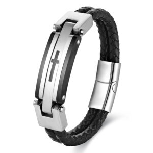 BIYONGDE Mens Black Braided Leather Bracelet with Stainelss Steel Cross