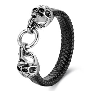 BIYONGDE Men's Stainless Steel Vintage Skull Charm Black Braided Leather Bangle Bracelet