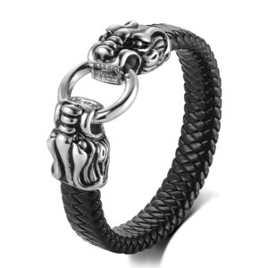 BIYONGDE Mens Stainelss Steel Vintage Dragon Head Charm Black Braided Leather Bangle Bracelet