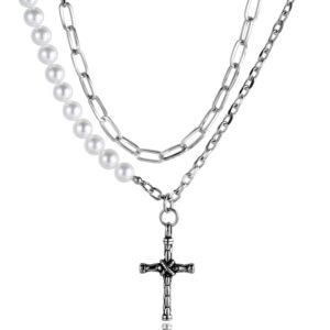 BIYONGDE Double Layered Stainless Steel Ring Link Chain Necklace with Pearls Strand and Dangling Cross